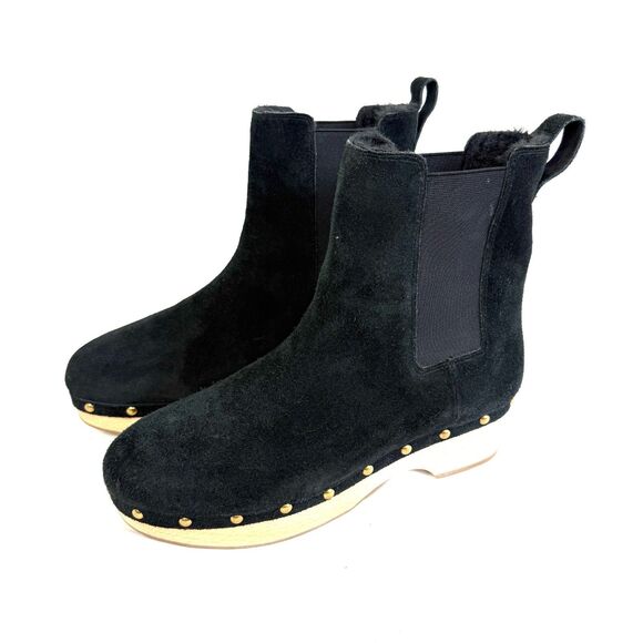 J. Crew Chelsea Clog Studded Boot Faux Fur Lined Suede Winter Warm Black Sz 10.5 - Picture 1 of 10